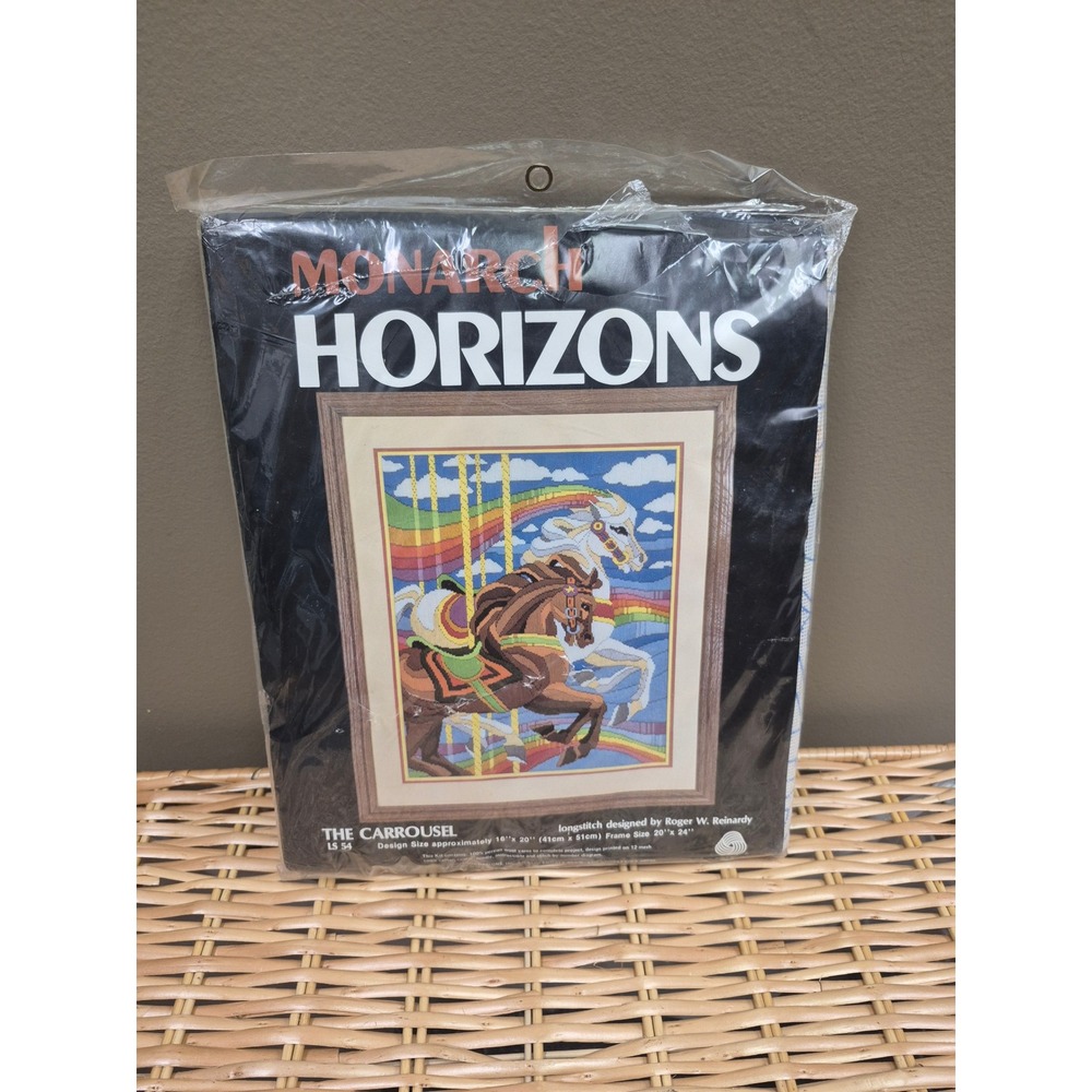 Monarch Horizons Vintage 1982 Longstitch Needlepoint Kit Carousel Horses Wool